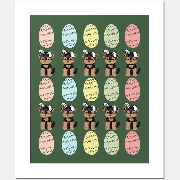 Yorkshire Terrier Dog with Bunny Ears and Easter Colorful Eggs Pattern Wall Art by Seasonal Dogs